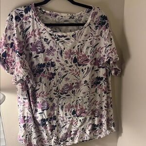 Floral Short-Sleeve Women's Top - White with Purple & Navy